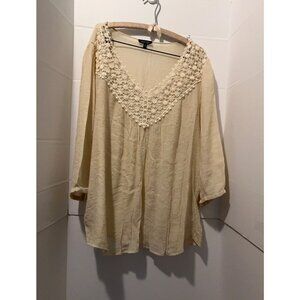 Spense Women’s Boho 2X Tunic Top Beige Crochet Lace V-Neck 3/4 Sleeve Loose Fit